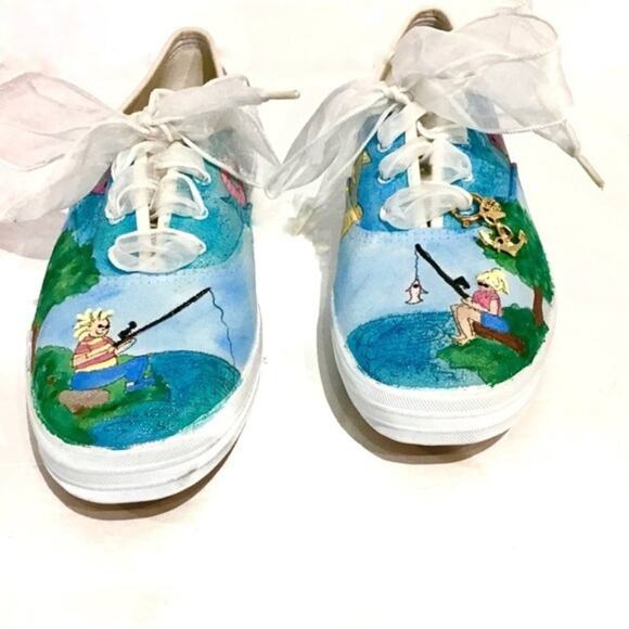 Vintage Shoes - Fishing Keds Sneaker Shoes Hand Painted Vintage 1993 NWOB 9 M Novelty Kitsch